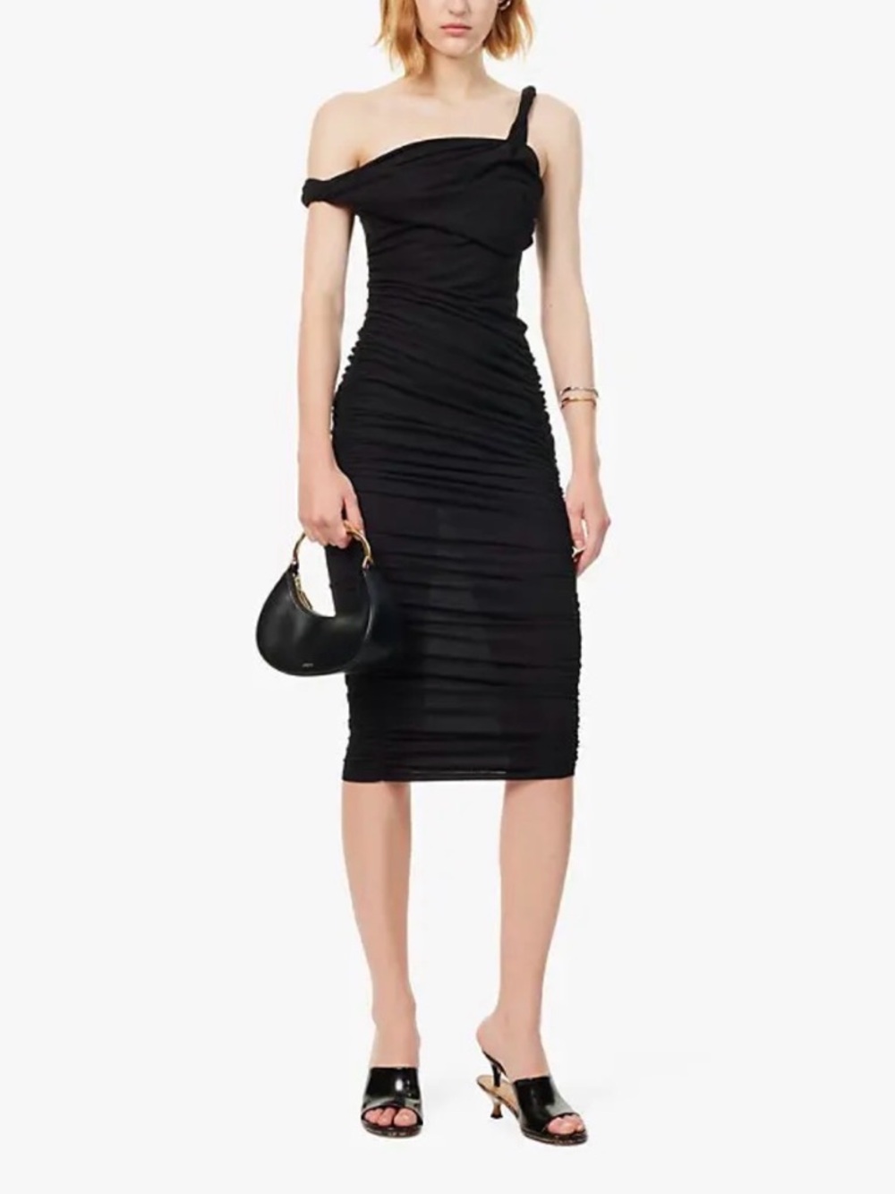 Reformation x Laura Harrier Off-Shoulder Ruched Black Midi Dress